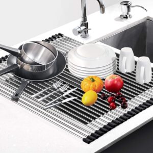 DONDA Stainless Steel Roll-Up Dish Drying Rack for Kitchen Sink | Foldable Over Sink Drainer for Utensils, Fruits & Vegetables | Anti-Rust | Space Saving (Silver) (20 Pipes, 46.5 x 46 CM)