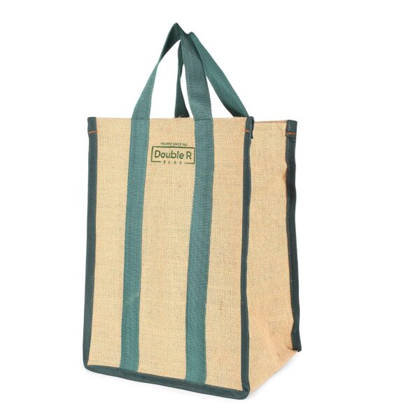 DOUBLE R BAGS Unisex-Adult Laminated Jute Reusable Casual Shopping Bags DOUBLE R BAGS Unisex-Adult Laminated Jute Reusable Casual Shopping Bags Kitchen Essentials Grocery Vegetable Lunch Carry Bag With Full Handles Multi-Purpose Bag Stylish Designs (Green) Pack Of 1