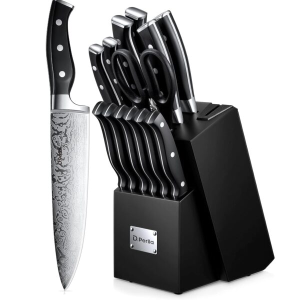 D.Perlla Kitchen Knife, 14 Piece Knife Block with Built-in Sharpener, D.Perlla Kitchen Knife, 14 Piece Knife Block with Built-in Sharpener, Black Wood Block, Scissor Knives, Stainless Steel, Black Handle
