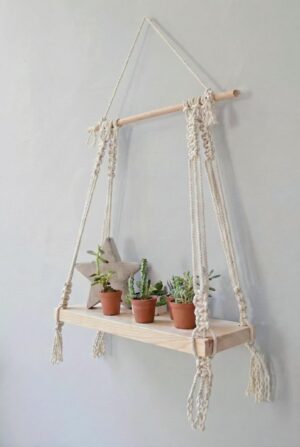 Decazone ® Macramé Wall Hanging Shelf Pine Wood Floating Shelve Decazone ® Macramé Wall Hanging Shelf Pine Wood Floating Shelve with Wooden Dowel Modern Chic Woven Décor for Dorm Living Room Nursery Beige Colour 55 x 43cm