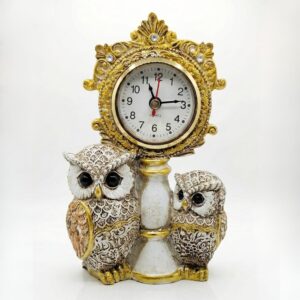 Decorative Owl Figurine Showpiece with Antique-Style Table Clock| Gold and White| Quartz Movement| Home Decor | Unique Vintage Gift Item for Home Warming,Festivals, and Office