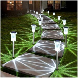 DenicMic Solar Pathway Lights Outdoor 10 Pack LED Waterproof Stainless Steel Garden Stake Lights for Path, Walkway, Driveway, Yard, Patio, Garden Decor (Cold White)
