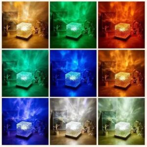 Desidiya Acrylic Romantic Ocean Wave Night Light Projector Lamp, 3D Water Wave Effect Crystal Table Lamp with Remote Control (Battery Not Included), LED Projection for Bedroom Decor, Cube