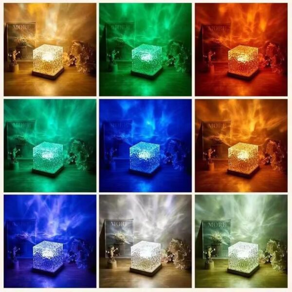 Desidiya Acrylic Romantic Ocean Wave Night Light Projector Lamp, 3D Desidiya Acrylic Romantic Ocean Wave Night Light Projector Lamp, 3D Water Wave Effect Crystal Table Lamp with Remote Control (Battery Not Included), LED Projection for Bedroom Decor, Cube