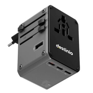 Destinio Universal Travel Adapter - 6-in-1 Fast Charging International Charger Destinio Universal Travel Adapter - 6-in-1 Fast Charging International Charger with PD, Type C & 3 USB Ports - All-in-One for US, UK, Europe (45W- Type C- (6 in 1 - Grey)