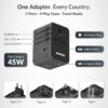 Destinio Universal Travel Adapter - 6-in-1 Fast Charging International Charger with PD, Type C & 3 USB Ports - All-in-One for US, UK, Europe (45W- Type C- (6 in 1 - Grey)