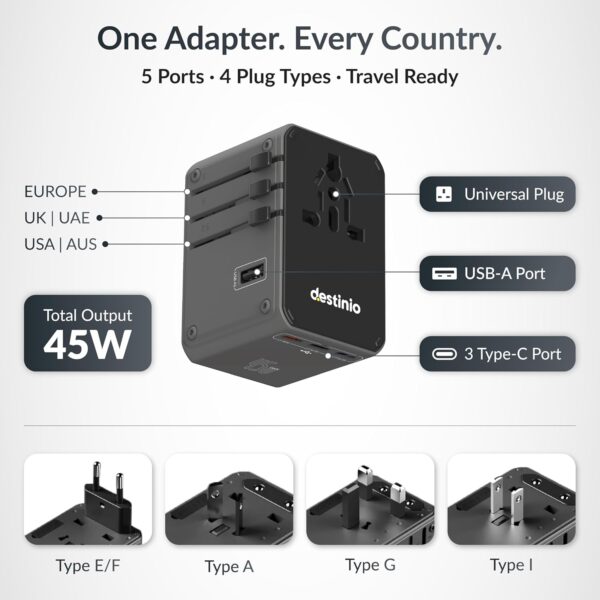 Destinio Universal Travel Adapter - 6-in-1 Fast Charging International Charger with PD, Type C & 3 USB Ports - All-in-One for US, UK, Europe (45W- Type C- (6 in 1 - Grey)