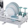 Dish Drying Rack, Stainless Steel Plate Rack with Drainboard, Removable Utensils and Cup Storage Holder, 360° Swivel Spout for Kitchen Counter (White)