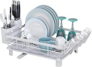 Dish Drying Rack, Stainless Steel Plate Rack with Drainboard, Removable Utensils and Cup Storage Holder, 360° Swivel Spout for Kitchen Counter (White)