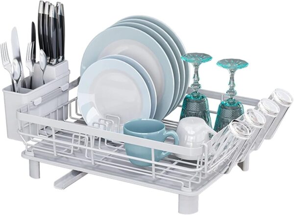 Dish Drying Rack, Stainless Steel Plate Rack with Drainboard, Removable Utensils and Cup Storage Holder, 360° Swivel Spout for Kitchen Counter (White)