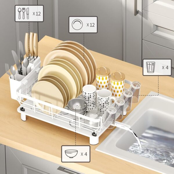 Dish Drying Rack, Stainless Steel Plate Rack with Drainboard, Removable Utensils and Cup Storage Holder, 360° Swivel Spout for Kitchen Counter (White)