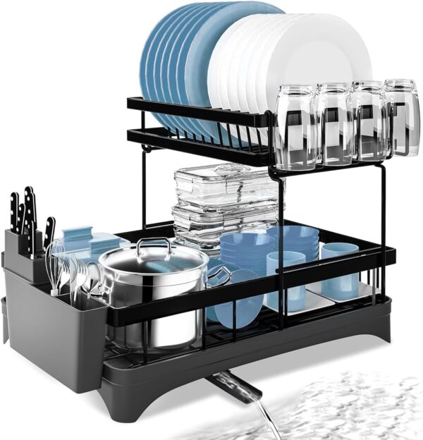 Dish Drying Rack,2 Tier Black Large Drying Rack for Kitchen Dish Drying Rack,2 Tier Black Large Drying Rack for Kitchen Counter,Rust-Proof Wear-Resistant Automatic Draining Dish Rack with Utensil Holder,Cutting Board Holder (570 Rack)