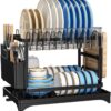 Dish Drying Rack,Dish Rack for Kitchen Counter,2 Tier Large Dish Drying Rack with Drainboard Stainless Steel Dish Drainer with Drainage Utensil Holder (Black-1)