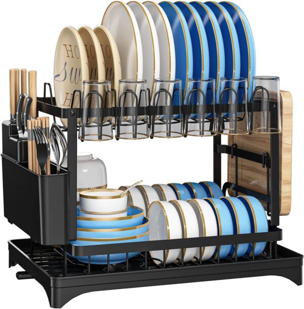 Dish Drying Rack,Dish Rack for Kitchen Counter,2 Tier Large Dish Drying Rack with Drainboard Stainless Steel Dish Drainer with Drainage Utensil Holder (Black-1)
