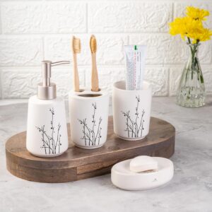 Dolphy Ceramic Bathroom Set – Stylish 4 Piece Bath Accessories Kit with Soap Dispenser, Brush Holder, Tumbler & Soap Dish – Modern & Designer Decor for Home & Guest Bathrooms- White