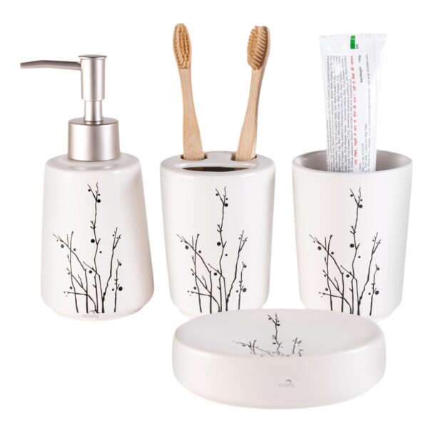 Dolphy Ceramic Bathroom Set – Stylish 4 Piece Bath Accessories Kit with Soap Dispenser, Brush Holder, Tumbler & Soap Dish – Modern & Designer Decor for Home & Guest Bathrooms- White