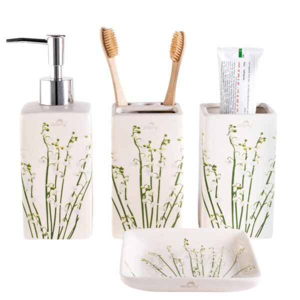Dolphy Ceramic Bathroom Set – Stylish 4 Piece Bath Accessories Kit with Soap Dispenser, Toothbrush Holder, Tumbler & Soap Dish – Modern & Unique Designer Decor for Home & Guest Bathrooms- Green