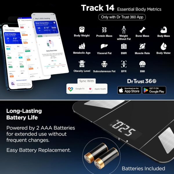 Dr Trust USA 525 Hercules BMI Weight Machine For Body Weight, Digital Body Fat Analyzer & Smart Body Composition Weighing Scale, 14 Body Parameters, IOS/Android App Sync, XL-27x27x2.2 cm (Black)