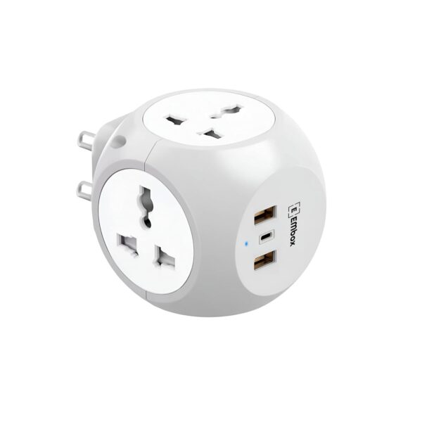 EMBOX Multi Plug Adapter with USB Ports Type -C (QC 3.0) Universal Sockets and LED Indicator, Safety Shutter, 3 Pin Plug Socket Extension, Grey