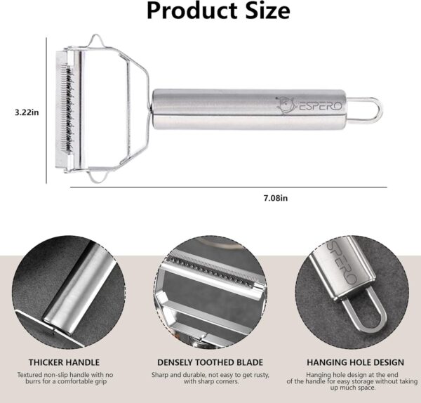 ESPERO Peeler for Vegetables And Fruits, Double-Sided Blade 2 in 1 Stainless Steel Julienne Vegetable Peeler Multi-Functional Fruit & Veggie Shredder Slicer and Grater for Potatoes, Carrots, Cucumbers