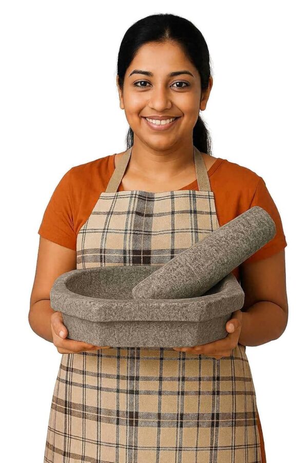 EZAHK Kalvam Stone Mortar and Pestle Set,Masher, Khalbatta, Kharal, Musal,for Kitchen, Home, Herbs and Spices (10 inch Grey,Big Size)