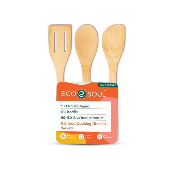 EcoSoul | Bamboo Spatula [ Set of 3 ] | Wooden Spatula | Bamboo Ladle/Turner | Non Stick, Durable, Heat-Safe & Eco-Friendly | for Cooking, Stirring & Serving | Beige