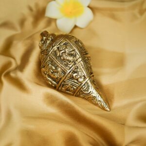 Ekhasa 100% Pure Brass Shankh with Ganesha Carving | Decorative Brass Conch for Temple, Pooja, and Mandir Decor | Shankh Showpiece for Home | Traditional Brass Shell for Spiritual Use – Pack of 1