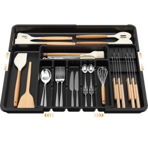Euqunn Cutlery Drawer Organiser, Expandable Large Utensil Holder with 2 Euqunn Cutlery Drawer Organiser, Expandable Large Utensil Holder with 2 Removable Knife Blocks, 6-9 Slots Adjustable Cutlery Tray for Kitchen Drawer, Compact Plastic Storage for Forks Knives(Black)