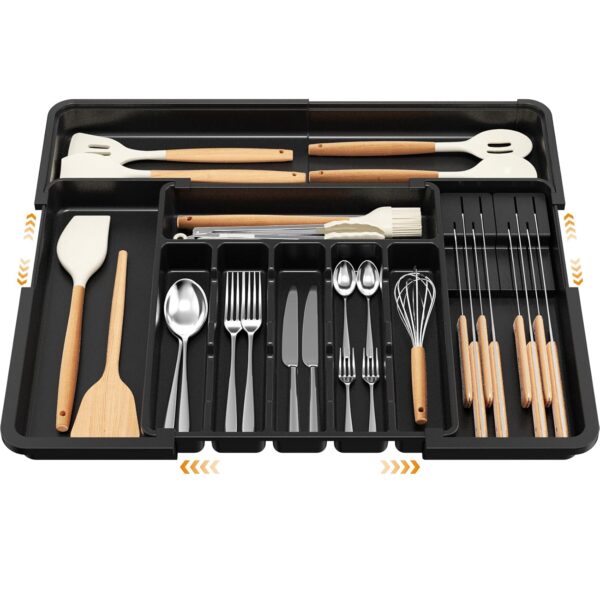Euqunn Cutlery Drawer Organiser, Expandable Large Utensil Holder with 2 Removable Knife Blocks, 6-9 Slots Adjustable Cutlery Tray for Kitchen Drawer, Compact Plastic Storage for Forks Knives(Black)