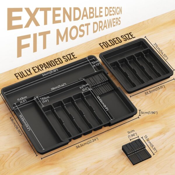 Euqunn Cutlery Drawer Organiser, Expandable Large Utensil Holder with 2 Removable Knife Blocks, 6-9 Slots Adjustable Cutlery Tray for Kitchen Drawer, Compact Plastic Storage for Forks Knives(Black)
