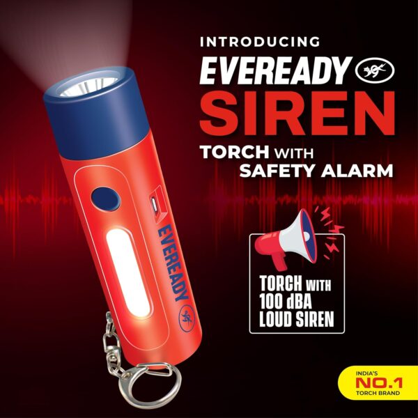 Eveready Siren DL102 Rechargeable LED Torch with 100 Decibels (dBA) Personal Safety Alarm - for Women, Kids & Elderly | 1W Torch, 1W Sidelight, Flasher, Keychain, USB Type B Fast Charging