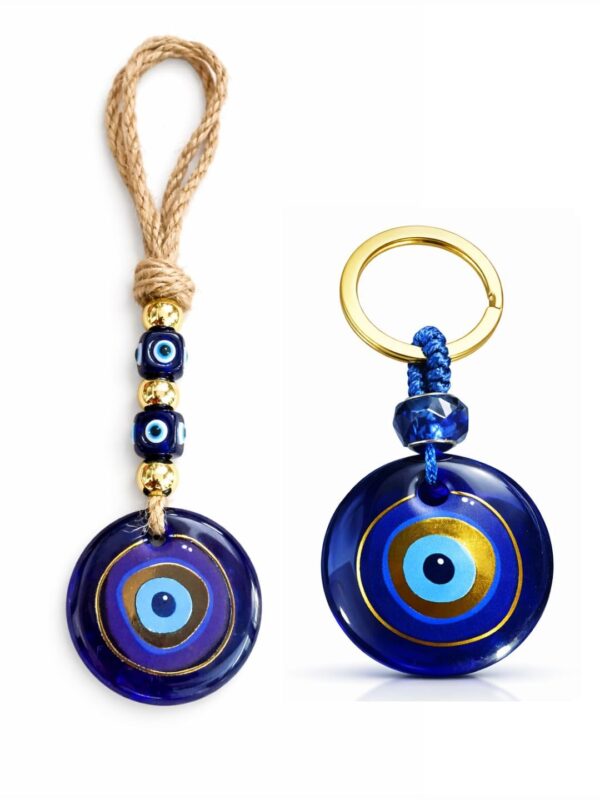 Evil Eye Wall Hanging with Keychain, Blue Glass Nazar Protection Charm for Home, Car and Office, Good Luck Vastu Decor, 2-in-1 Pack