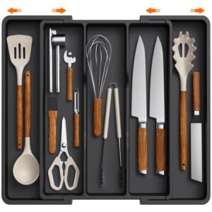 Expandable Cooking Utensil Drawer Organizer – Adjustable 3 to 5 Compartment Cutlery & Silverware Tray (13 to 22.4 Inches) – BPA-Free Plastic Kitchen Tools Storage Divider, Black