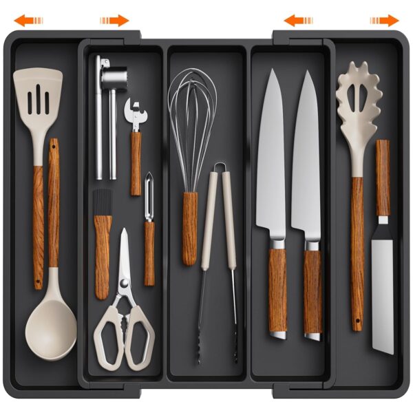 Expandable Cooking Utensil Drawer Organizer – Adjustable 3 to 5 Expandable Cooking Utensil Drawer Organizer – Adjustable 3 to 5 Compartment Cutlery & Silverware Tray (13 to 22.4 Inches) – BPA-Free Plastic Kitchen Tools Storage Divider, Black