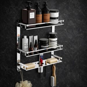 FERIO 3 Tier Stainless Steel Bathroom Shelf for Wall Mounted FERIO 3 Tier Stainless Steel Bathroom Shelf for Wall Mounted Bathroom Rack, Shelf for Bathroom Accessories with Double Soap Dish and Toothbrush Holder Soap Holder (16.5 x 4.5 x 15 inch, Mirror Finish)