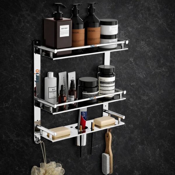 FERIO 3 Tier Stainless Steel Bathroom Shelf for Wall Mounted FERIO 3 Tier Stainless Steel Bathroom Shelf for Wall Mounted Bathroom Rack, Shelf for Bathroom Accessories with Double Soap Dish and Toothbrush Holder Soap Holder (16.5 x 4.5 x 15 inch, Mirror Finish)