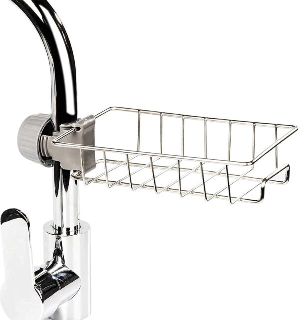 FLEEXA Kitchen Sink Sponge Holder – Over Faucet Stainless Steel Caddy for Soap, Brushes & Scrubbers – No Suction or Drilling Needed