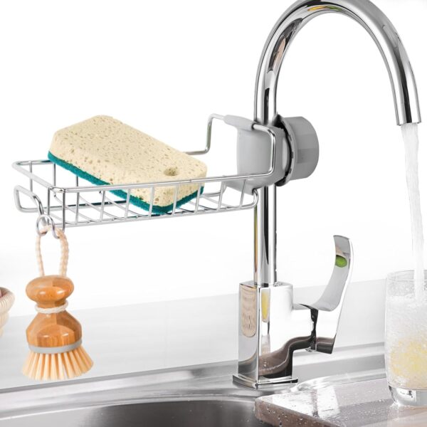 FLEEXA Kitchen Sink Sponge Holder – Over Faucet Stainless Steel Caddy for Soap, Brushes & Scrubbers – No Suction or Drilling Needed