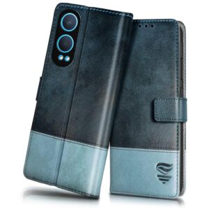 FLIPPED Vegan Leather Flip Case Back Cover for 1+ OnePlus Nord CE 4 Lite 5G (Flexible, Shock Proof | Hand Stitched Leather Finish | Card Pockets Wallet & Stand | Blue with Aquamarine)