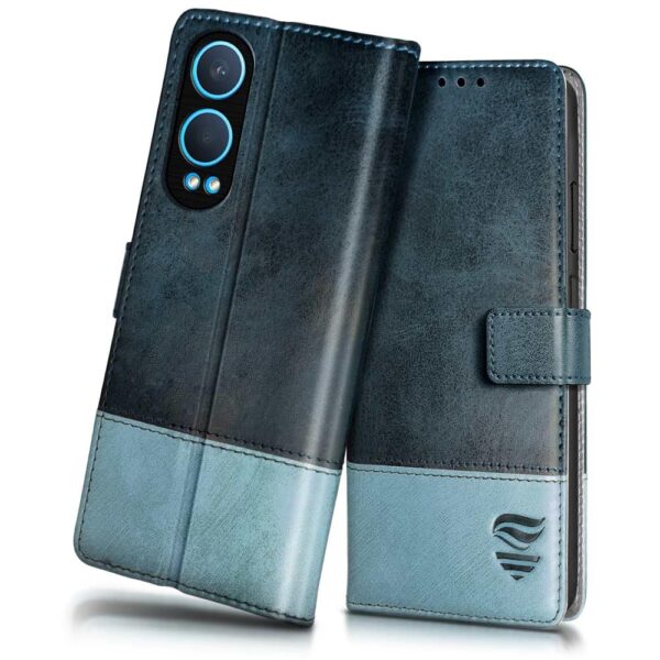 FLIPPED Vegan Leather Flip Case Back Cover for 1+ OnePlus FLIPPED Vegan Leather Flip Case Back Cover for 1+ OnePlus Nord CE 4 Lite 5G (Flexible, Shock Proof | Hand Stitched Leather Finish | Card Pockets Wallet & Stand | Blue with Aquamarine)