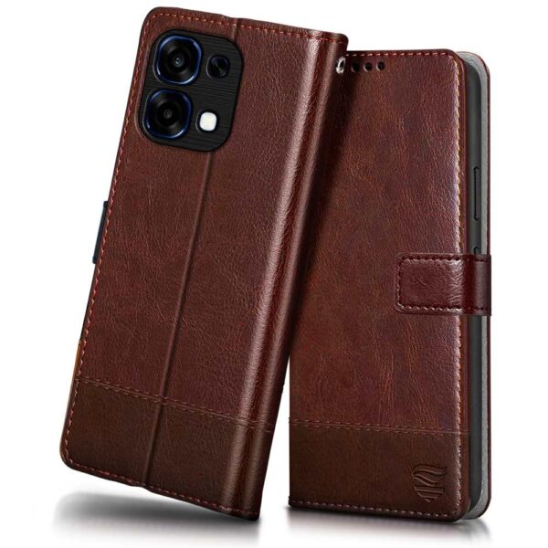 FLIPPED Vegan Leather Flip Case Back Cover for Oppo A6 FLIPPED Vegan Leather Flip Case Back Cover for Oppo A6 Pro 5G (Flexible, Shock Proof | Hand Stitched Leather Finish | Card Pockets Wallet & Stand | Tan with Brown)