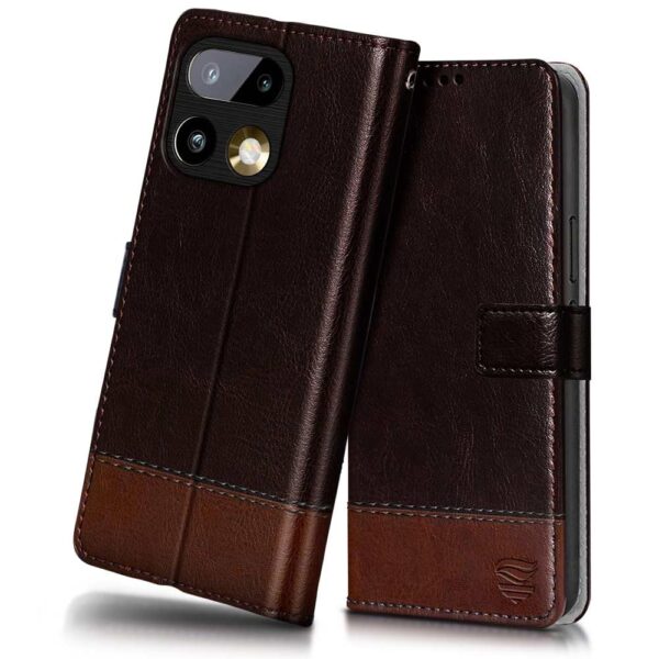 FLIPPED Vegan Leather Flip Case Back Cover for Realme 16 FLIPPED Vegan Leather Flip Case Back Cover for Realme 16 Pro Plus 5G (Flexible, Shock Proof | Hand Stitched Leather Finish | Card Pockets Wallet & Stand | Coffee with Brown)