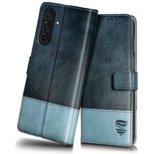 FLIPPED Vegan Leather Flip Case Back Cover for Samsung Galaxy M17 5G | A17 5G | F17 5G (Flexible, Shock Proof | Hand Stitched Leather Finish | Card Pockets Wallet & Stand | Blue with Aquamarine)