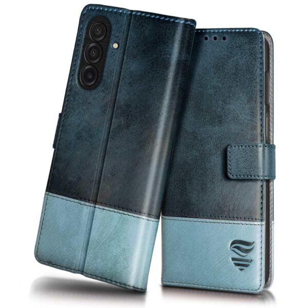 FLIPPED Vegan Leather Flip Case Back Cover for Samsung Galaxy FLIPPED Vegan Leather Flip Case Back Cover for Samsung Galaxy M17 5G | A17 5G | F17 5G (Flexible, Shock Proof | Hand Stitched Leather Finish | Card Pockets Wallet & Stand | Blue with Aquamarine)