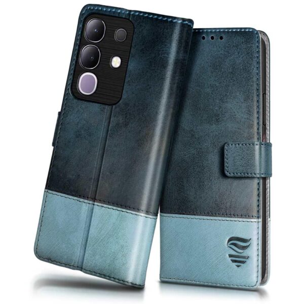 FLIPPED Vegan Leather Flip Case Back Cover for Vivo T4x FLIPPED Vegan Leather Flip Case Back Cover for Vivo T4x 5G | iQoo Z10x 5G | Vivo Y31 Pro 5G (Flexible, Shock Proof | Hand Stitched Leather Finish | Card Pockets Wallet & Stand | Blue with Aquamarine)