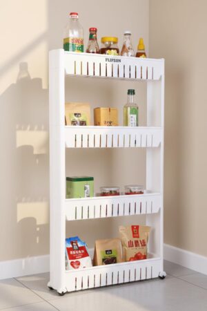 FLIPZON Slim Rolling Storage Rack – 4-Tiered Shelf Plastic Slide-Out Organizer | Space-Saving, Multipurpose | for Kitchen, Bathroom, Laundry, Pantry & Utility Storage | Floor Standing | White
