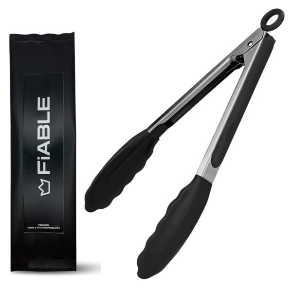 FiABLE Premium Steel and Silicone Food Tongs for Kitchen, Airfryer, FiABLE Premium Steel and Silicone Food Tongs for Kitchen, Airfryer, Barbeque and Serving - 10 inch - 1 Year Warranty - FDA Approved Silicone, 230°C Heat-Resistant - Black
