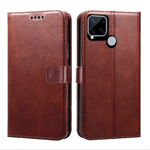 Flip Cover Compatible with Realme C15 | Premium Leather Finish Flip Cover Compatible with Realme C15 | Premium Leather Finish | Inbuilt Pockets & Stand | Flip Cover Back Case for Realme C15 (Brown)