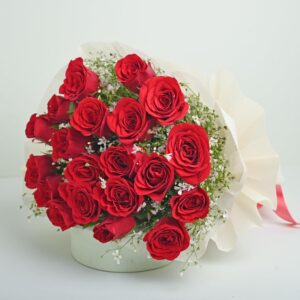 FlowerAura Premium Fresh Live Flower Bouquet of Enchanting 20 Red Roses In Non Woven Paper Gift For Birthday | Anniversary | Love | Home Decor | Mothers Day Gift For Mom (Same Day Delivery)