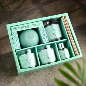 FlowerAura Premium Gift Hamper of Jasmine & Marigold Scented 4 FlowerAura Premium Gift Hamper of Jasmine & Marigold Scented 4 Unique Candles & Reed Diffuser in Box for Birthday, Anniversary, Farewell, Wedding, Occasions Gift, Corporate Gift (Same Day Delivery)